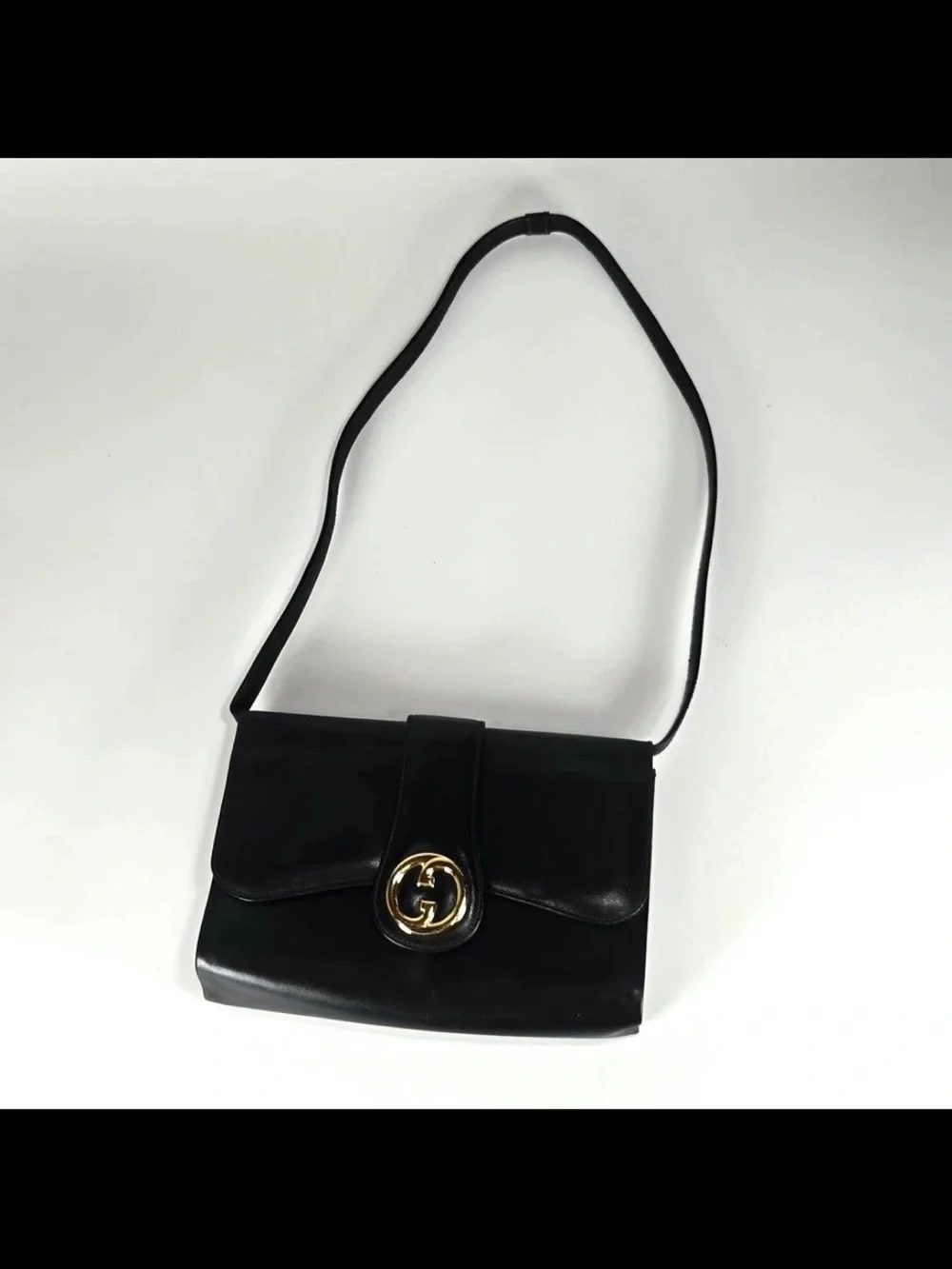 Gucci Black Leather Shoulder Bag with Gold Double G Accent